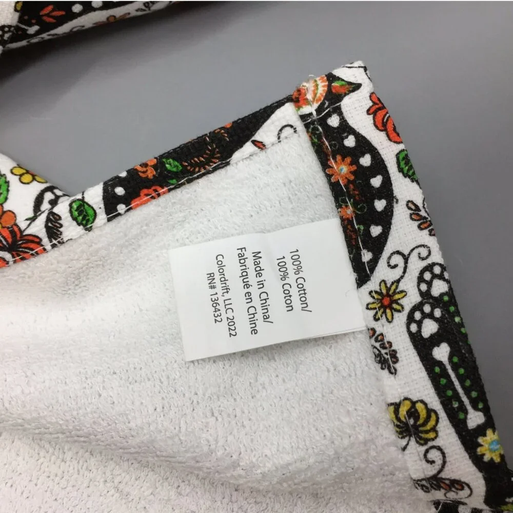 x2 Halloween Black Skeleton Sugar Skull Cat Kitchen Towel Set Roses Day of Dead